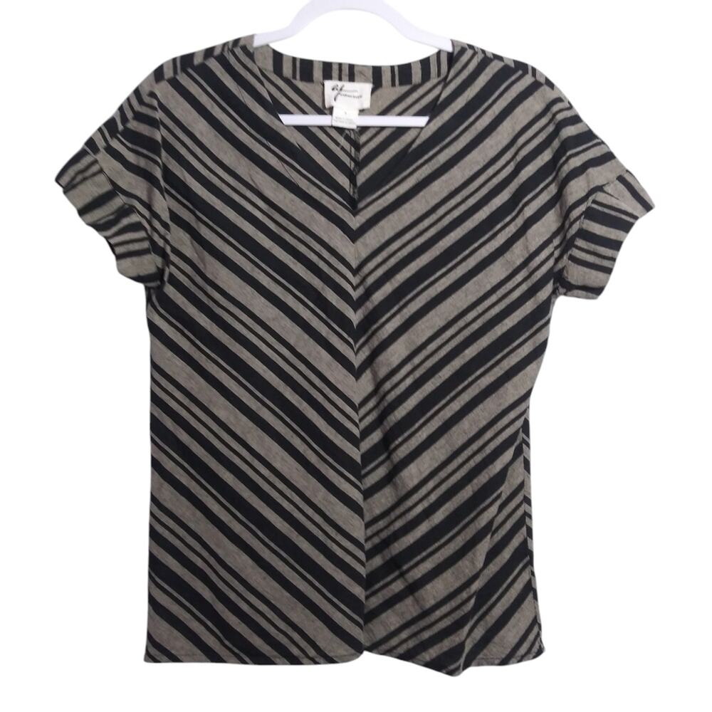 Andrea Jovine Tan Black Chevron V-neck Striped Linen Blend Neutral Size Small
